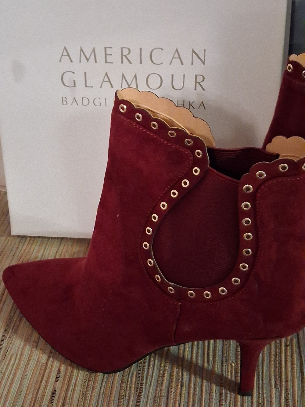 Badgley Mischka Burgundy Suede Pointed Ankle Booties with Scalloped Topline - Picture 6 of 7